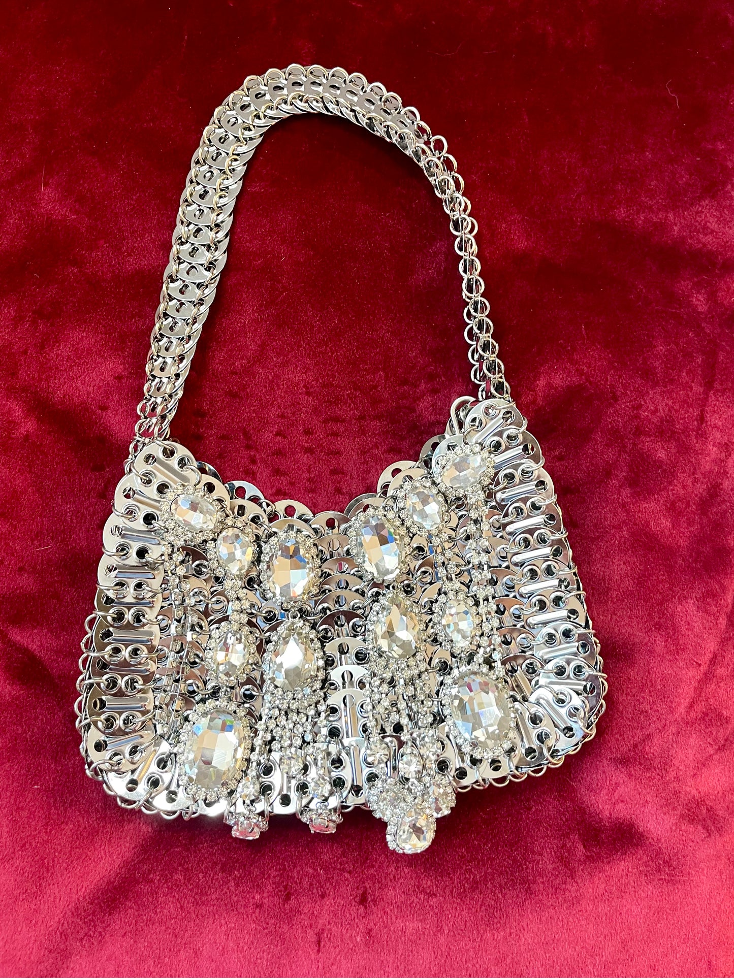 Large Metal Shoulder Bag Crystal Charms Brooches Style Paco Rabanne