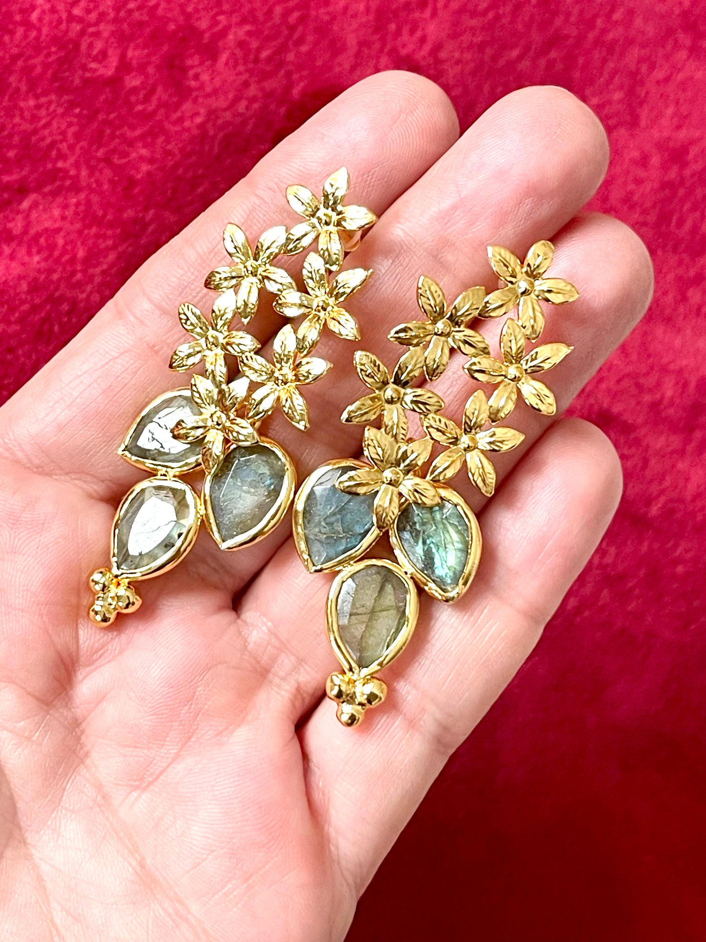 Gold Flower Pendant Earrings Labradorite Stones