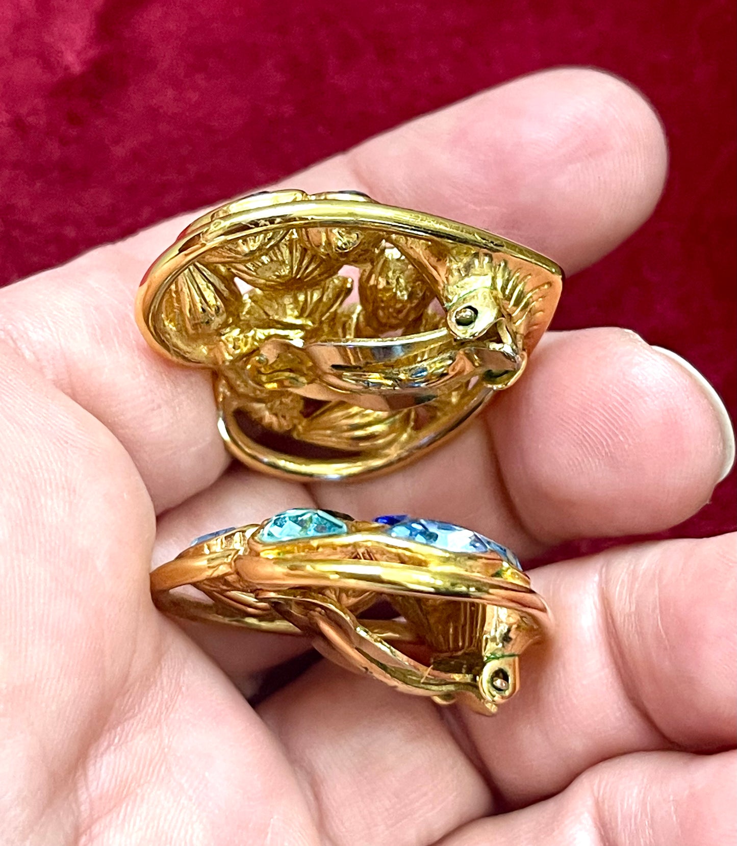 Vintage Yves Saint Laurent Blue Heart Crystal Earrings – Gold Tone