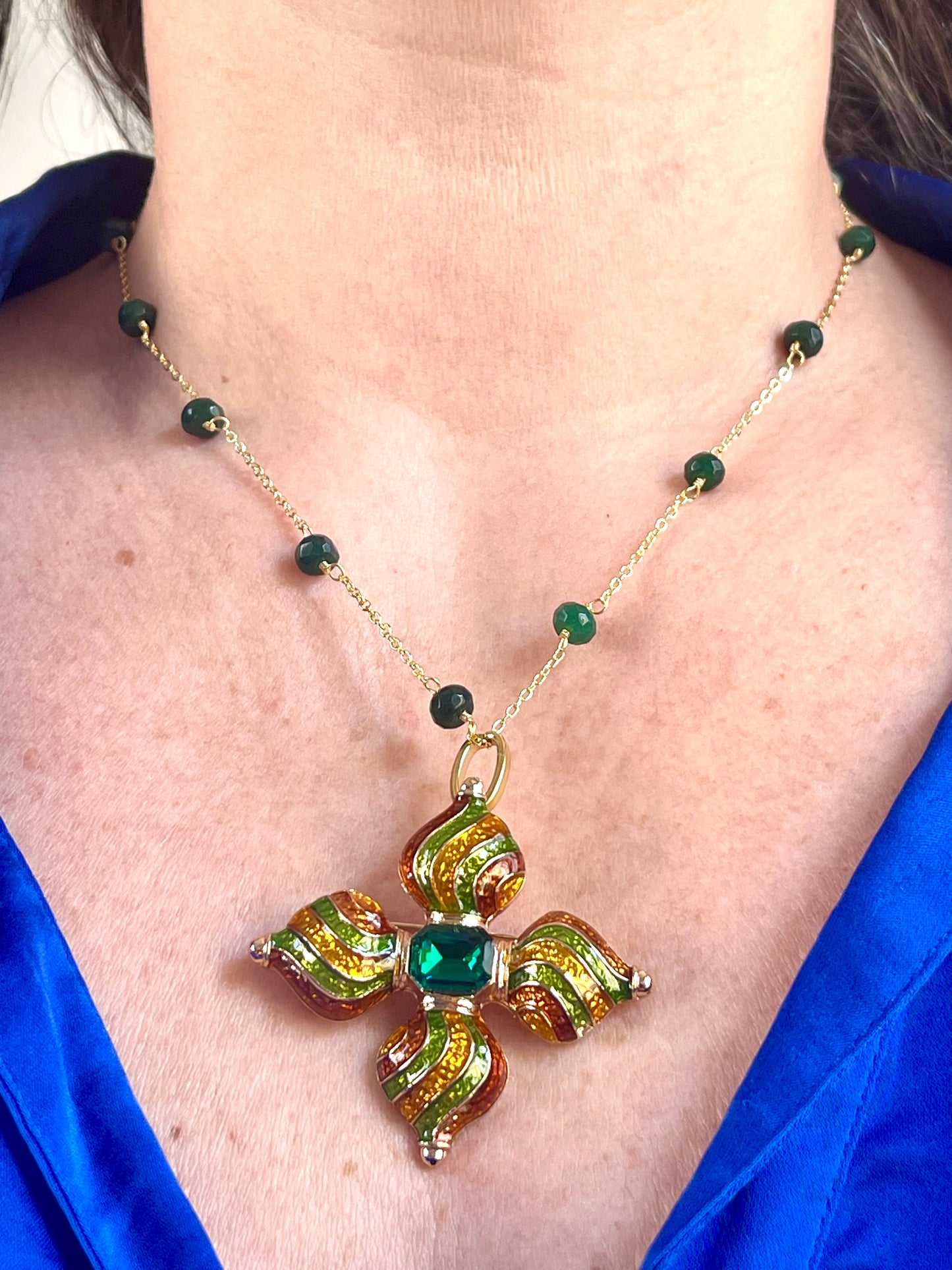 Green Agate Necklace Vintage Cross Design Enameled Jewelry Set Inspiration 90’s Yves Saint Laurent