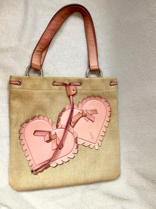 Pink Hearts Beige Cotton Tote Bag Yves Saint Laurent Vintage