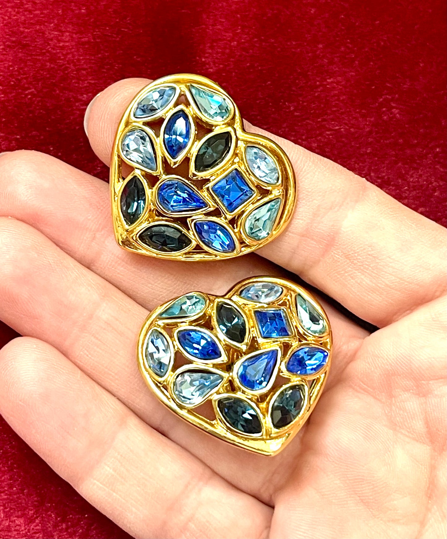 Vintage Yves Saint Laurent Blue Heart Crystal Earrings – Gold Tone