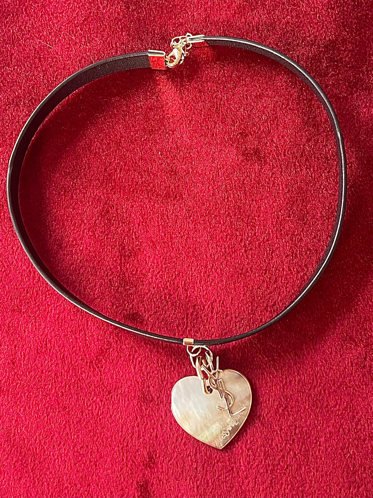 Vintage Yves Saint Laurent Heart Seashell Pendant on Black Leather Necklace