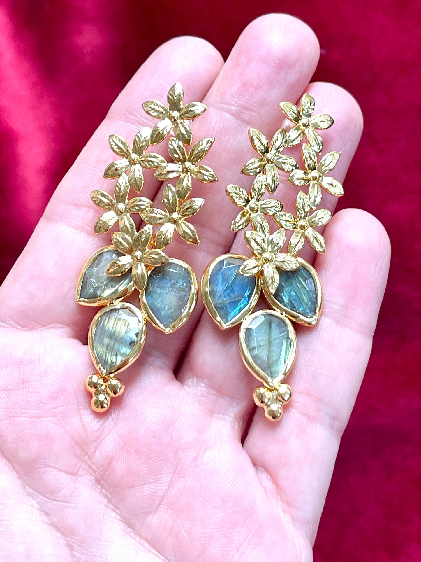 Gold Flower Pendant Earrings Labradorite Stones