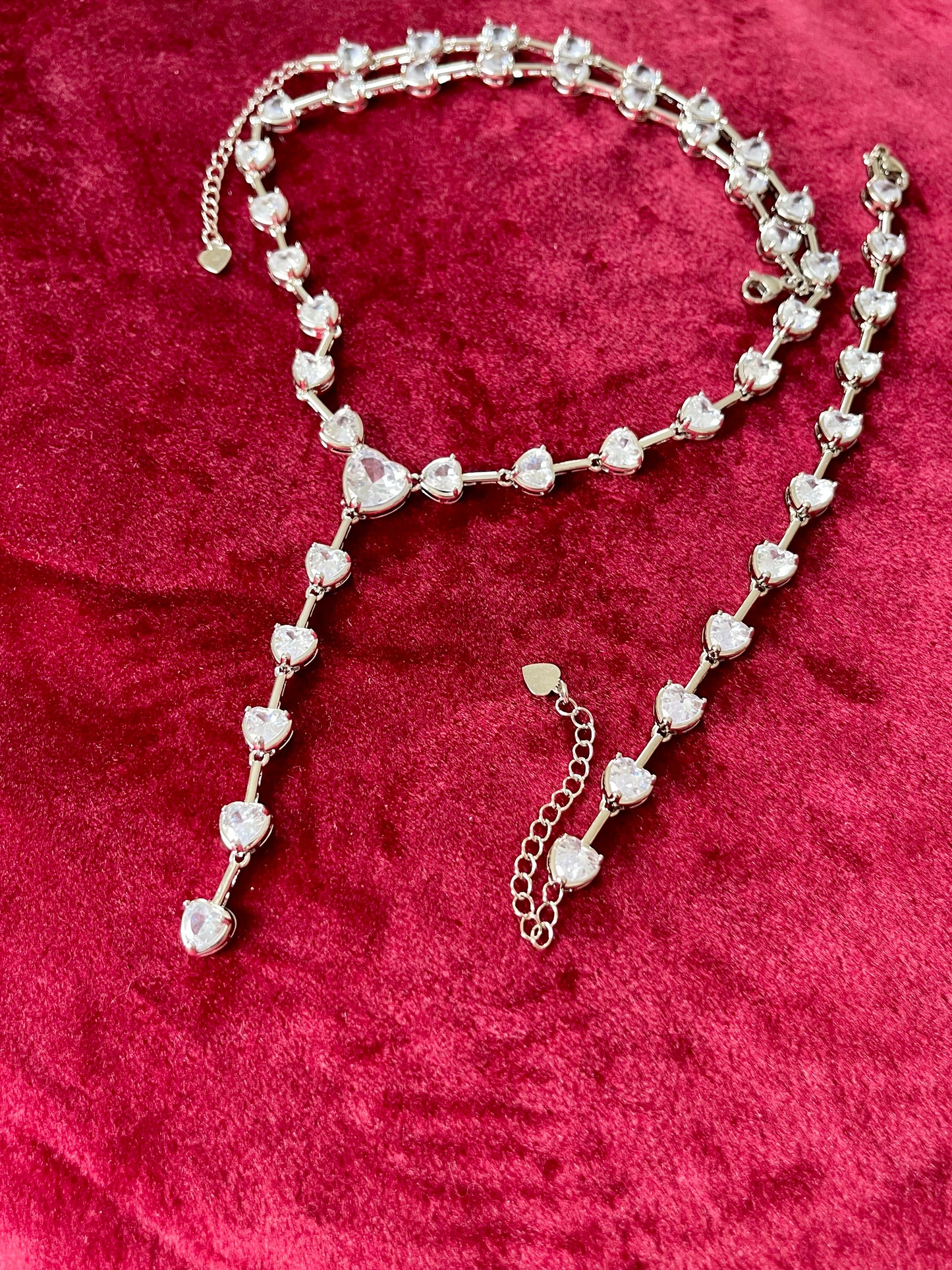 Long Silver Rhinestones Heart Necklace Bracelet Set