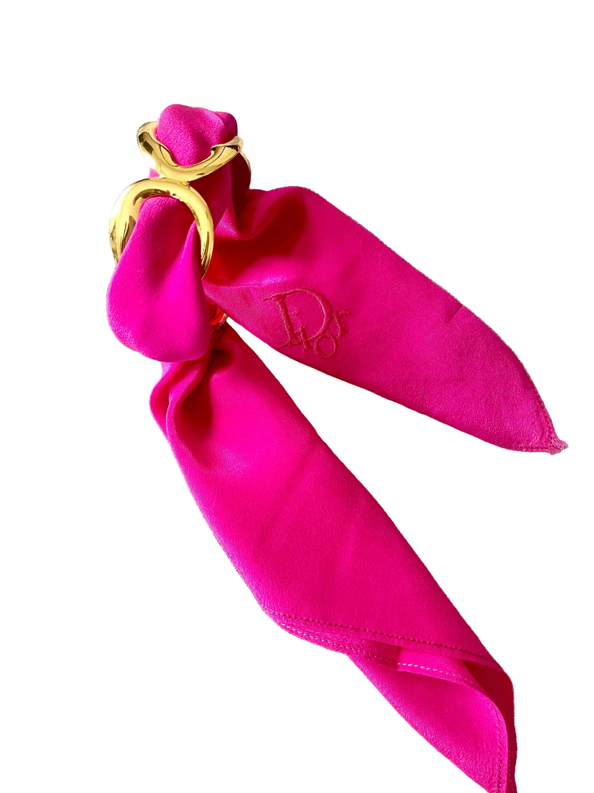 Vintage pink Dior silk scarf with gold stainless steel bracelet set
