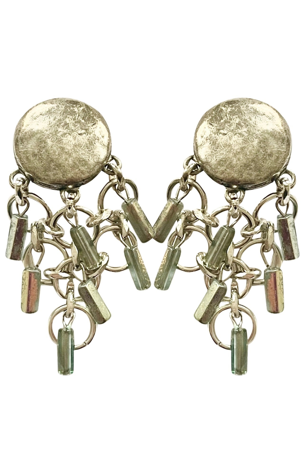 Silver Paco Rabanne 1980s vintage earrings with dangling charms on a white background