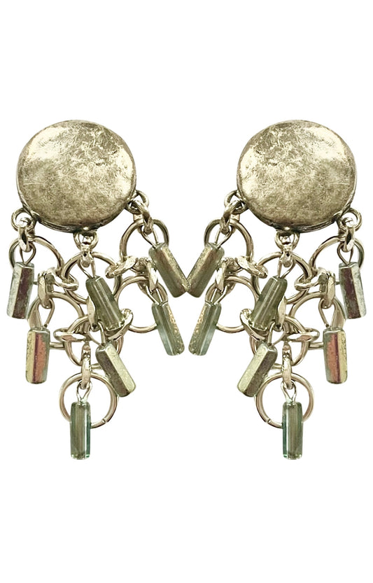Silver Paco Rabanne 1980s vintage earrings with dangling charms on a white background