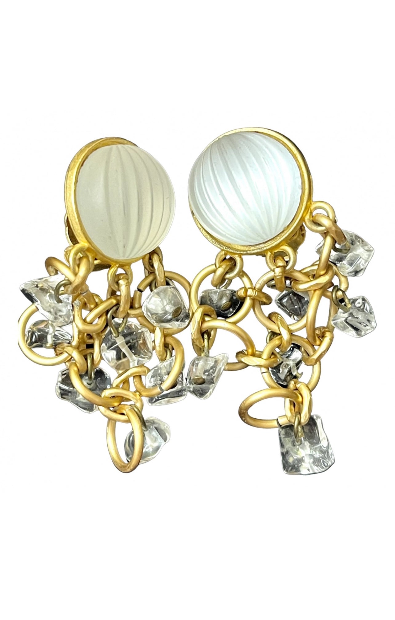 A pair of vintage gold-colored Paco Rabanne 80s earrings with clear glass beads.