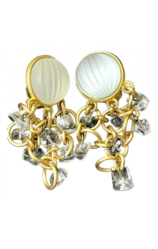 A pair of vintage gold-colored Paco Rabanne 80s earrings with clear glass beads.