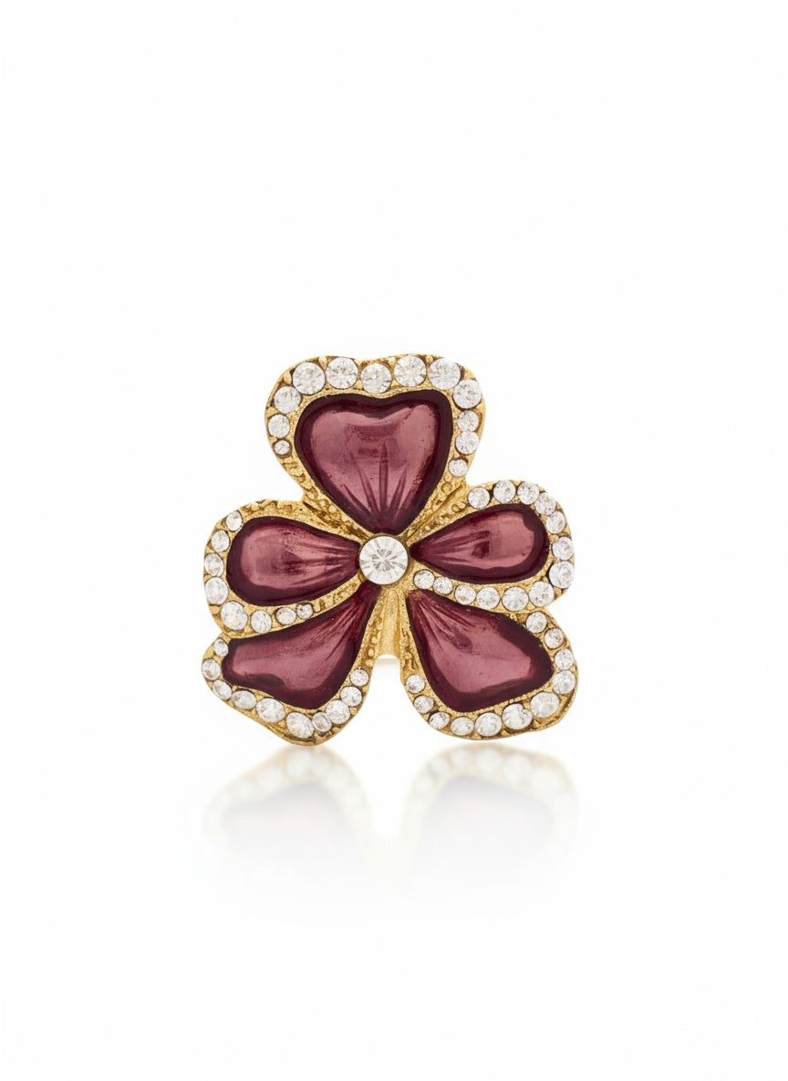 Yves Saint Laurent Vintage Floral Statement Ring Gold Tone with Pink Enamel & Crystals