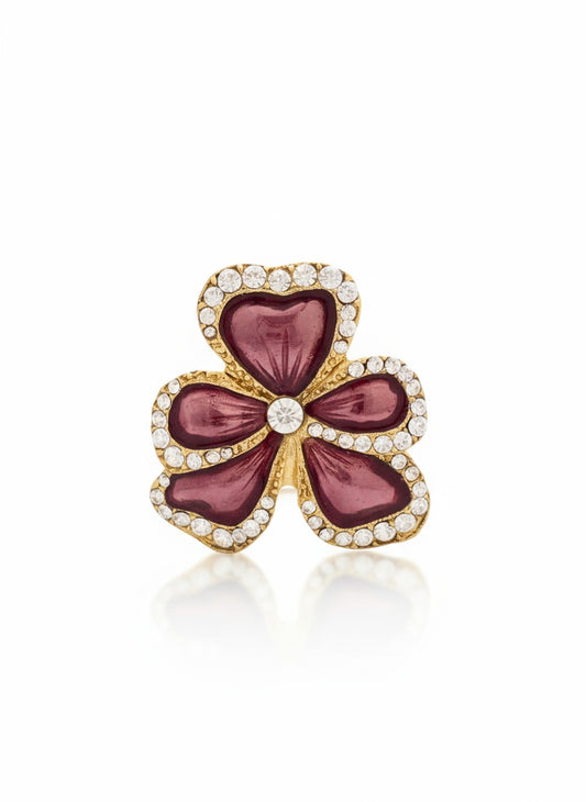 Yves Saint Laurent Vintage Floral Statement Ring Gold Tone with Pink Enamel & Crystals