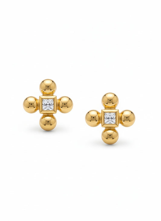  Yves Saint Laurent vintage gold tone cross clip-on earrings from the 1980s, showing rounded gold domes and square-cut center stones