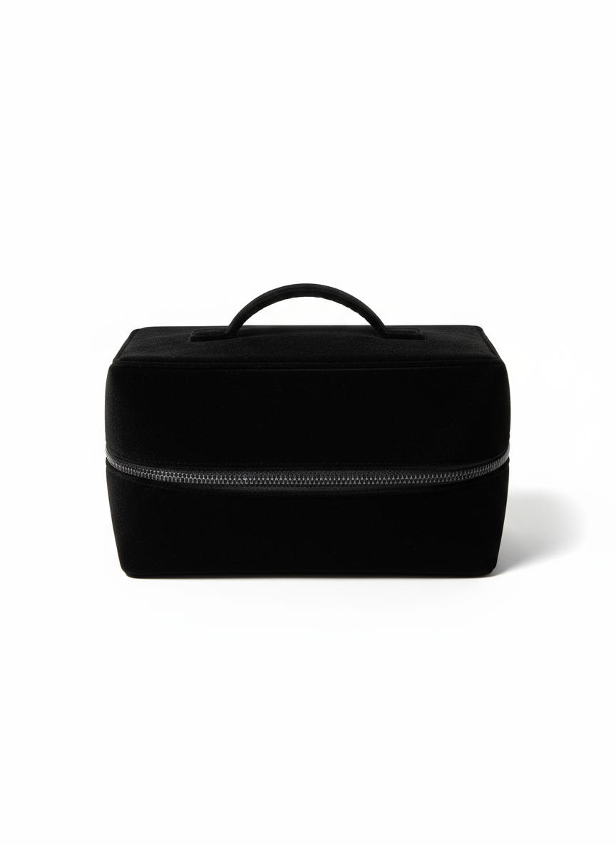 Black toiletry bag on a white background