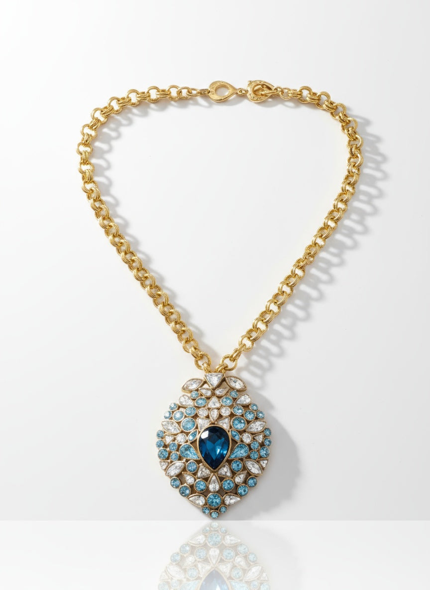 Arty Yves Saint Laurent vintage gold plated blue rhinestones statement pendant necklace brooch rare items 