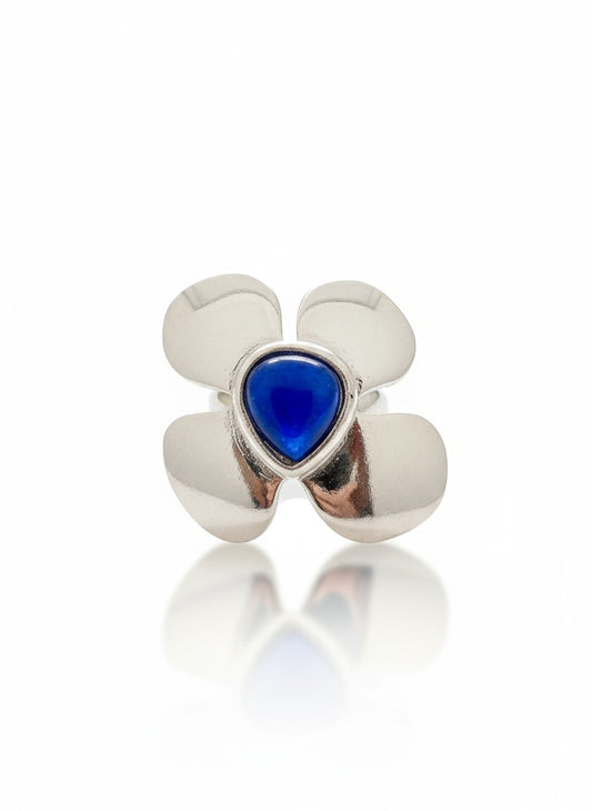 Vintage Yves Saint Laurent Flower Ring – Silver Tone with Deep Sea Blue Acrylic Stone (Adjustable)