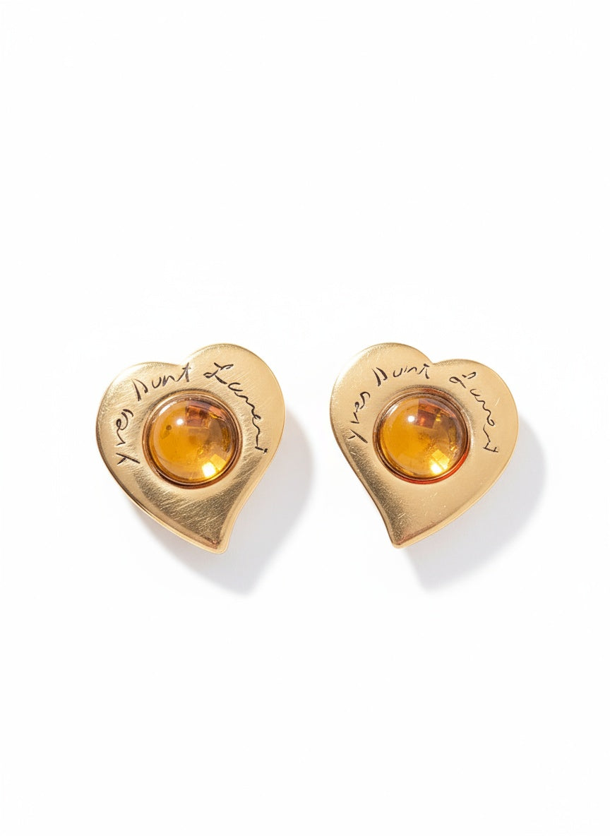 Yves Saint Laurent vintage gold heart earrings with champagne resin stone - clip-on style"