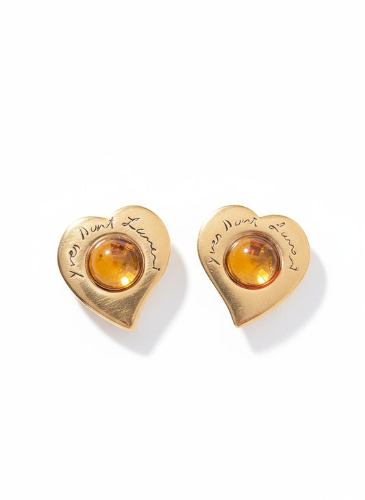 Yves Saint Laurent vintage gold heart earrings with champagne resin stone - clip-on style"