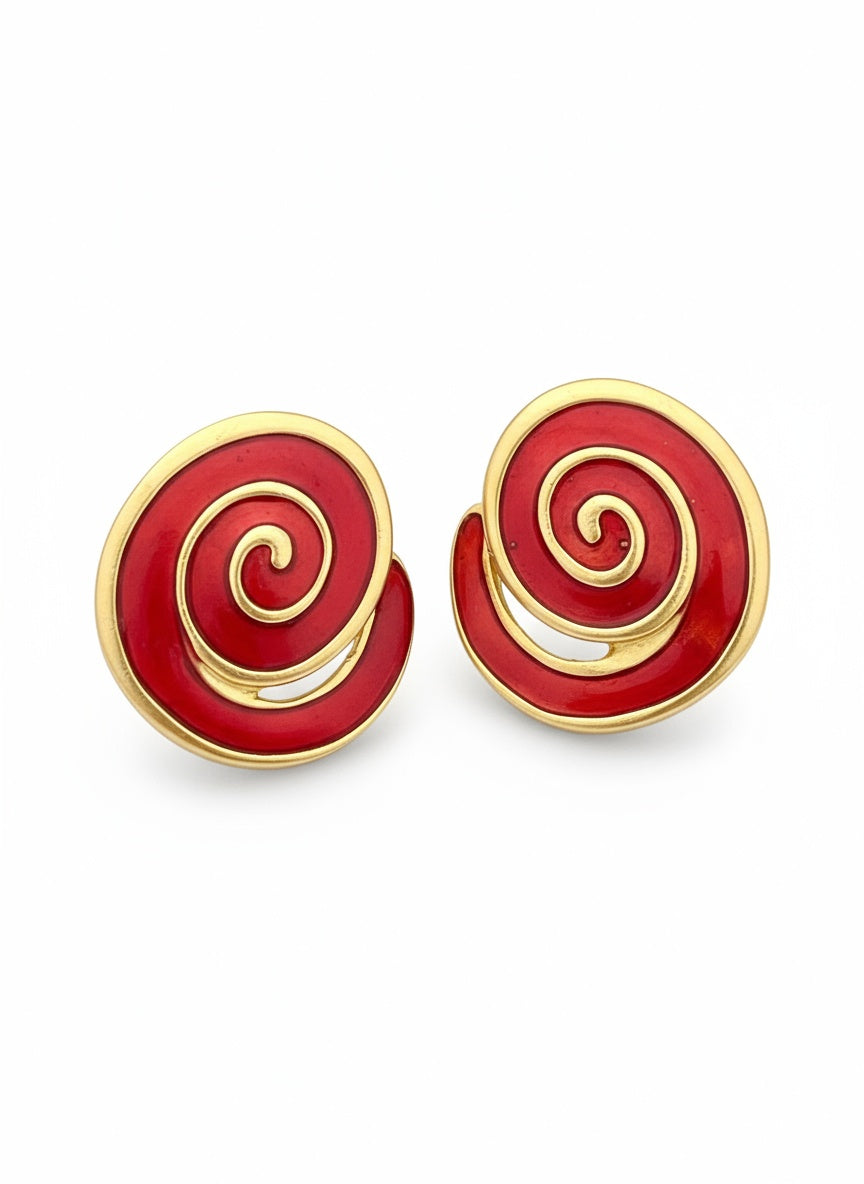 Yves Saint Laurent Vintage Red Swirl Gold Tone Earrings Rare