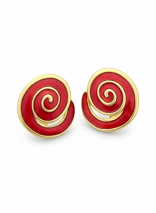 Yves Saint Laurent Vintage Red Swirl Gold Tone Earrings Rare