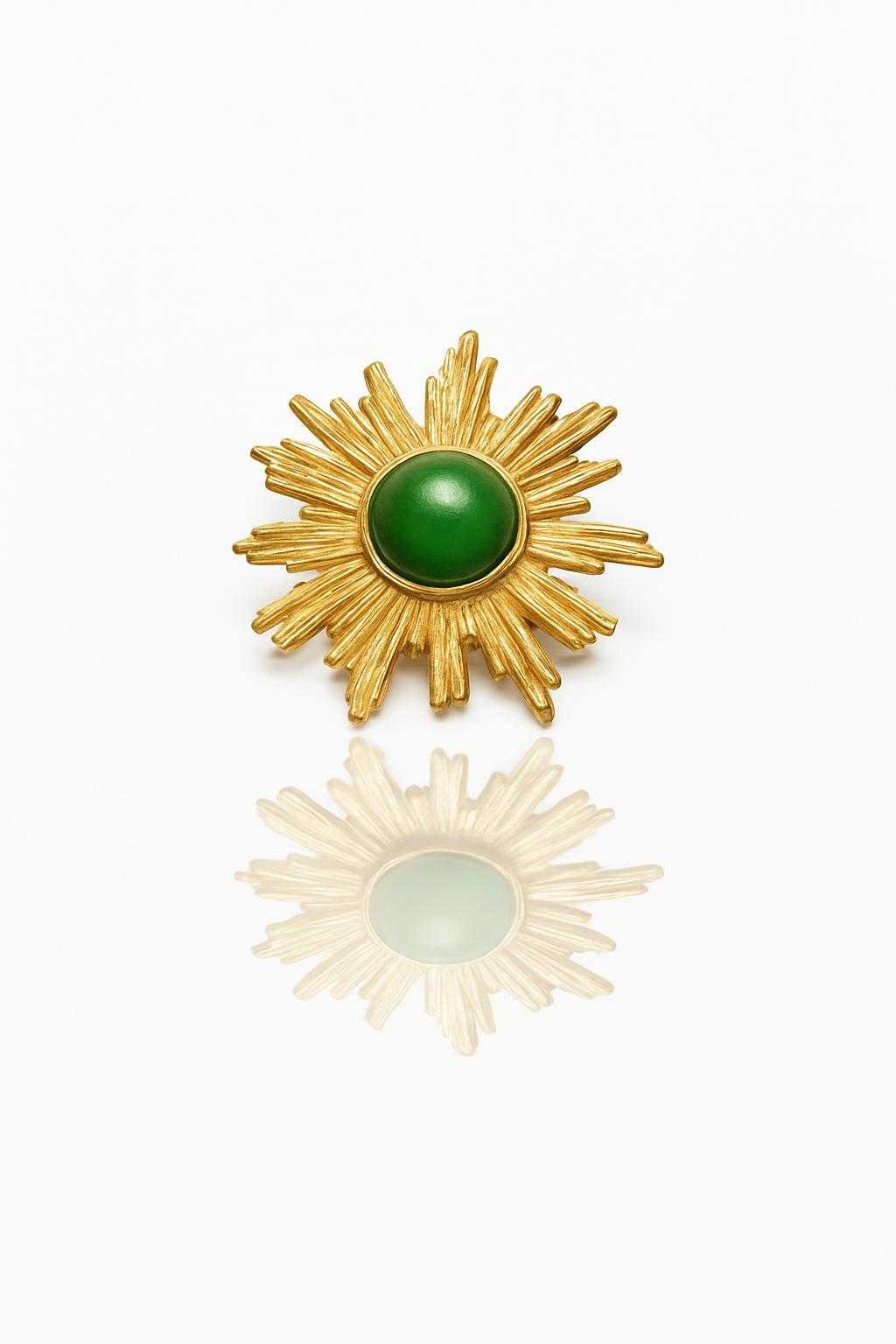 Vintage Yves Saint Laurent Sunburst Brooch – 1980s Gold Tone with Green Cabochon Rare Collector’s Piece