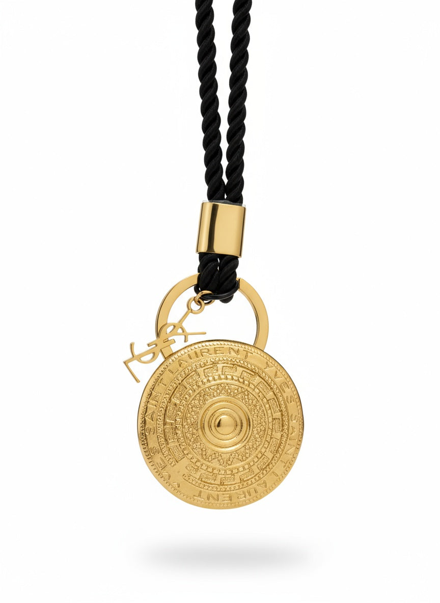 Gold yves saint laurent pendant necklace with black cord on a white background