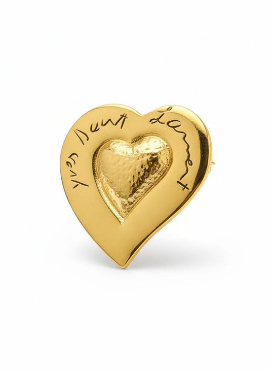 Yves Saint Laurent vintage gold plated repurposed 18KG  Arty Heart brooch on white background 