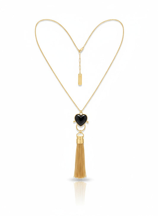 Mutton Collet Black Resin Heart Necklace with Attached Saint Laurent Tassel Charm