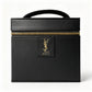 Black leather box with gold zipper and YSL logo on a white background