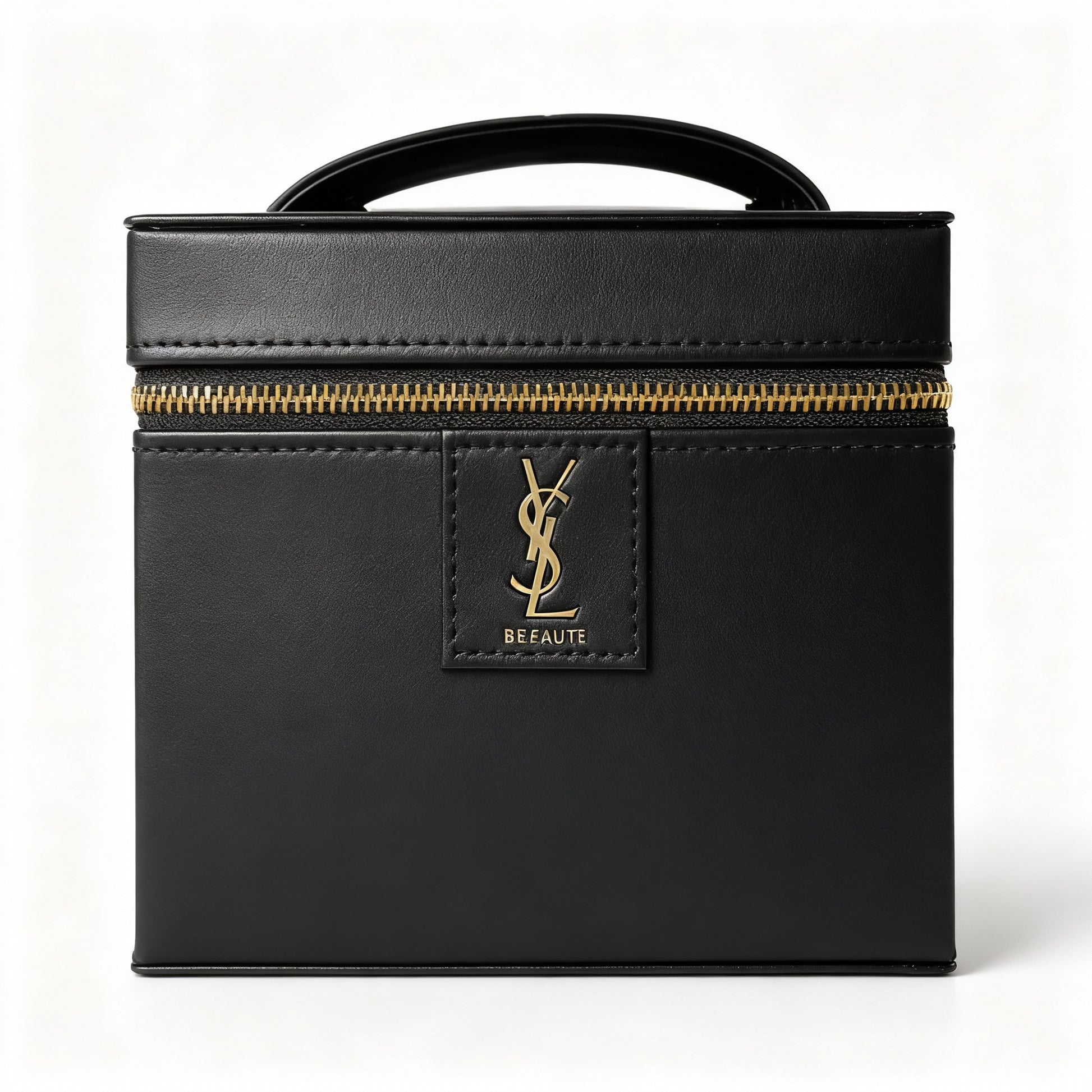 Black leather box with gold zipper and YSL logo on a white background
