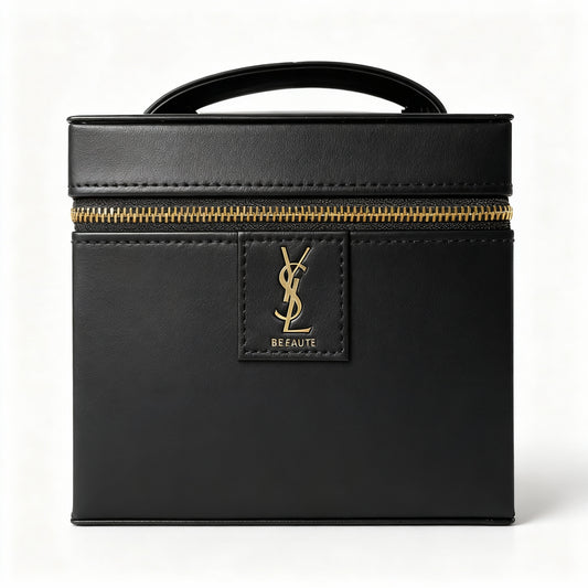 Black leather box with gold zipper and YSL logo on a white background