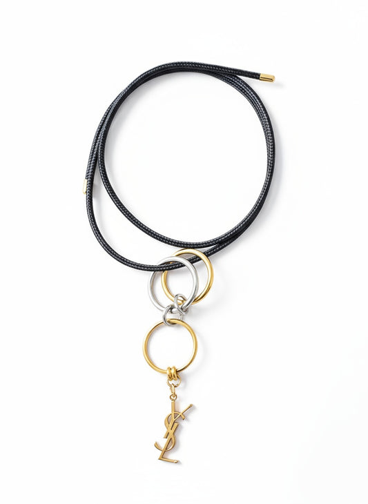 Authentic Vintage YSL Charm Duo-Color Stainless Steel Ring with Leather Necklace