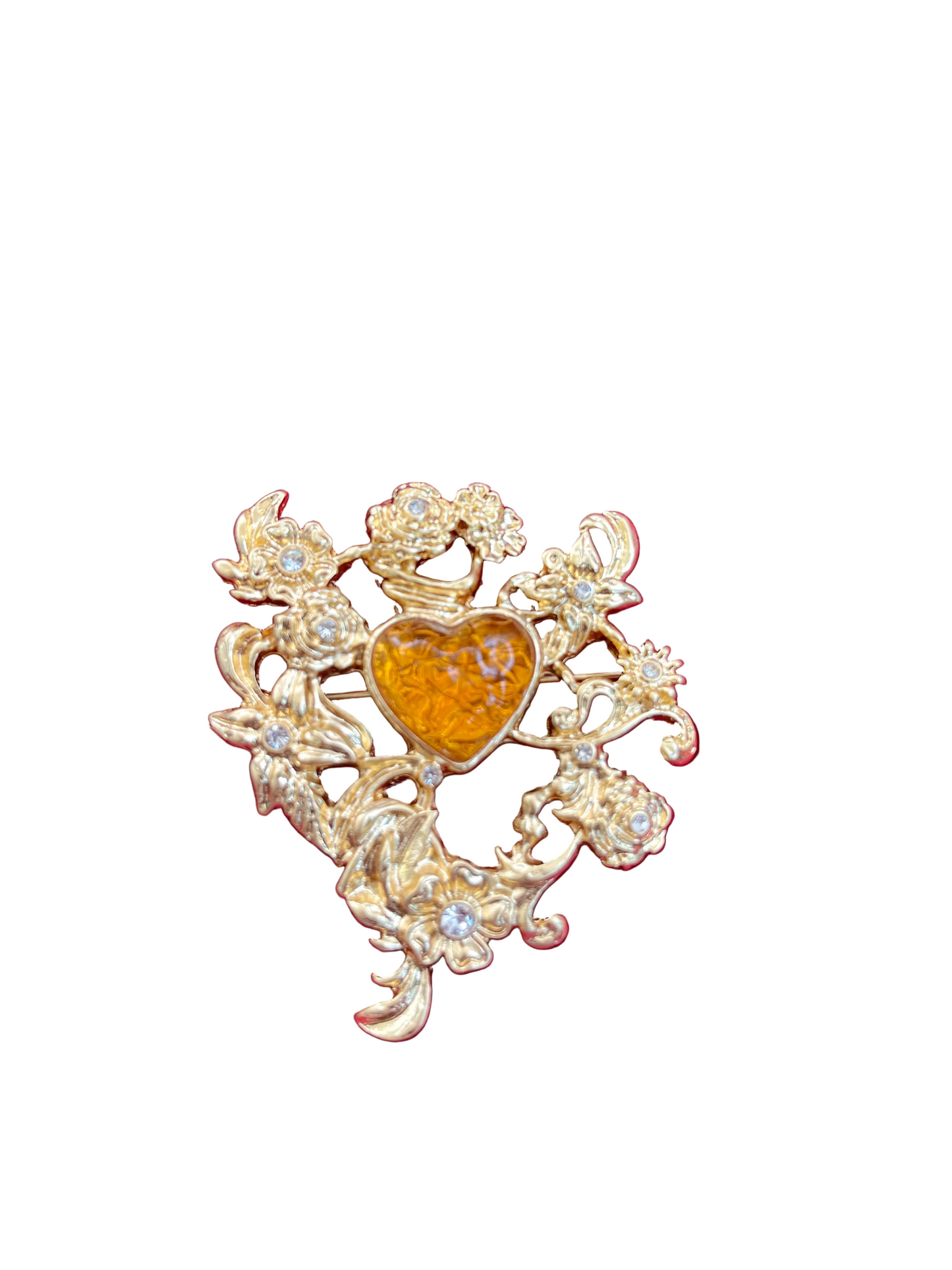 Art Nouveau Metal Heart  Honey Color Brooch