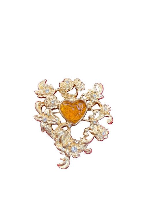 Art Nouveau Metal Heart  Honey Color Brooch