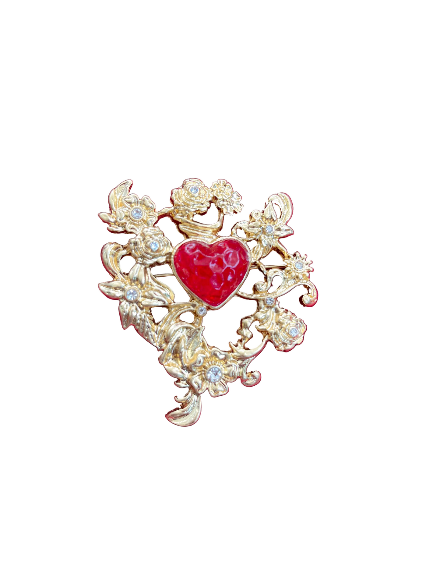 Metal Heart Red Color Brooch Art Nouveau