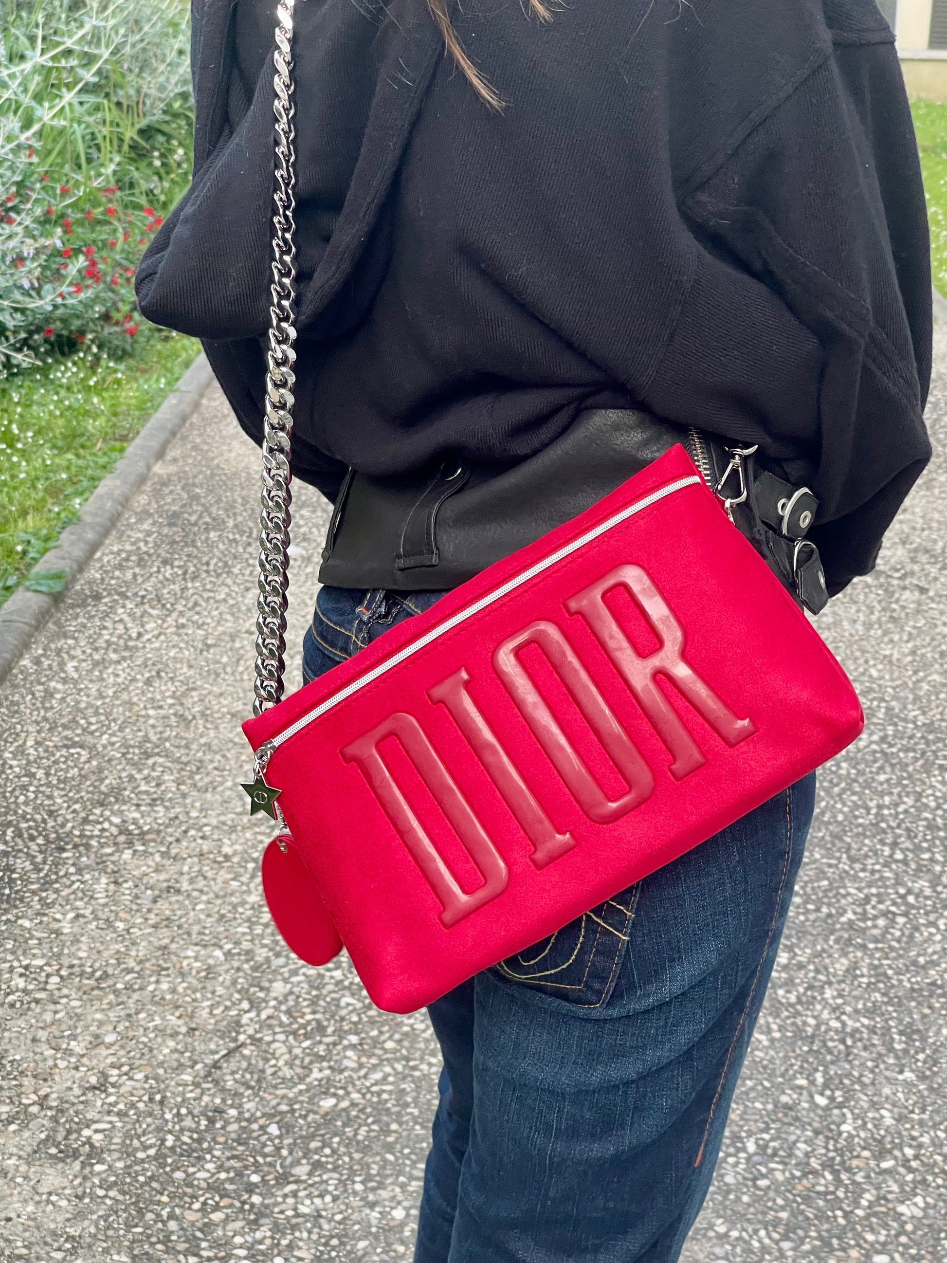 Up cycled red Dior velvet pouch - Main Image