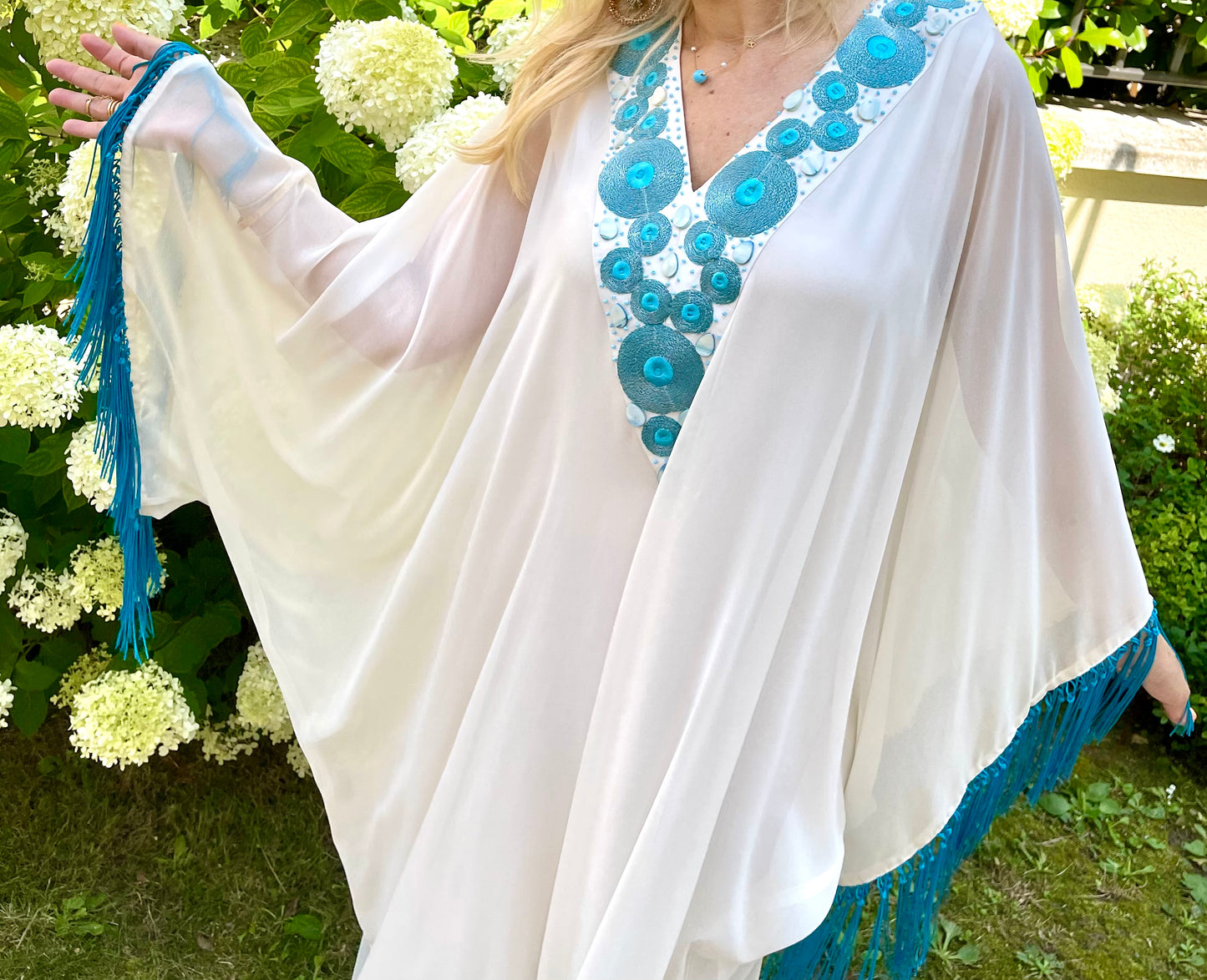 Handmade White & Blue Chiffon Abaya Dress