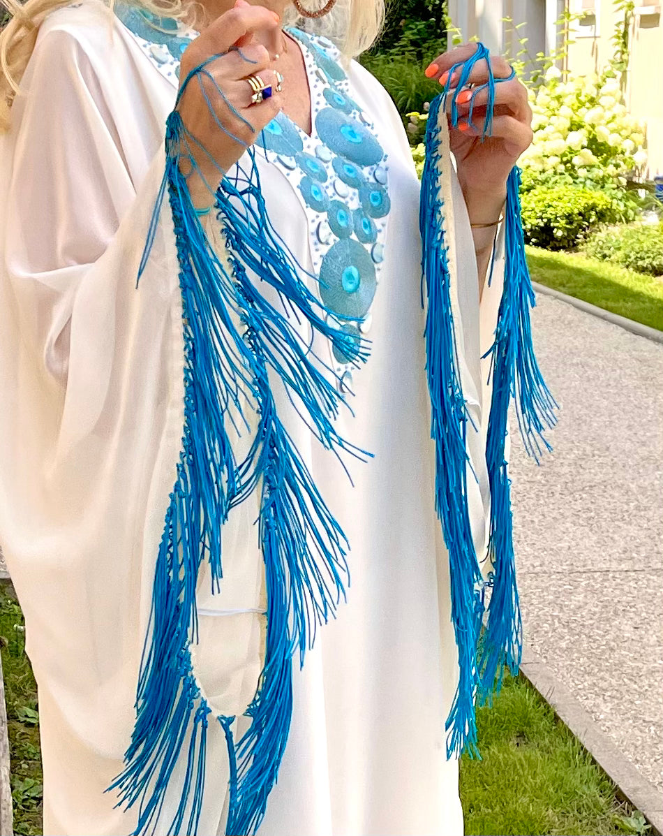 Handmade White & Blue Chiffon Abaya Dress