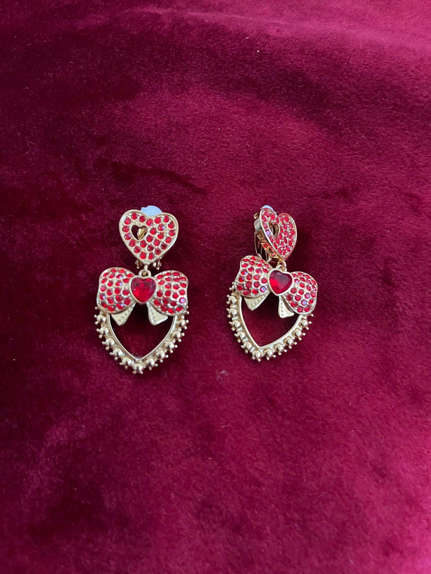 Red Heart & Bow Crystal Metal Gold Earrings