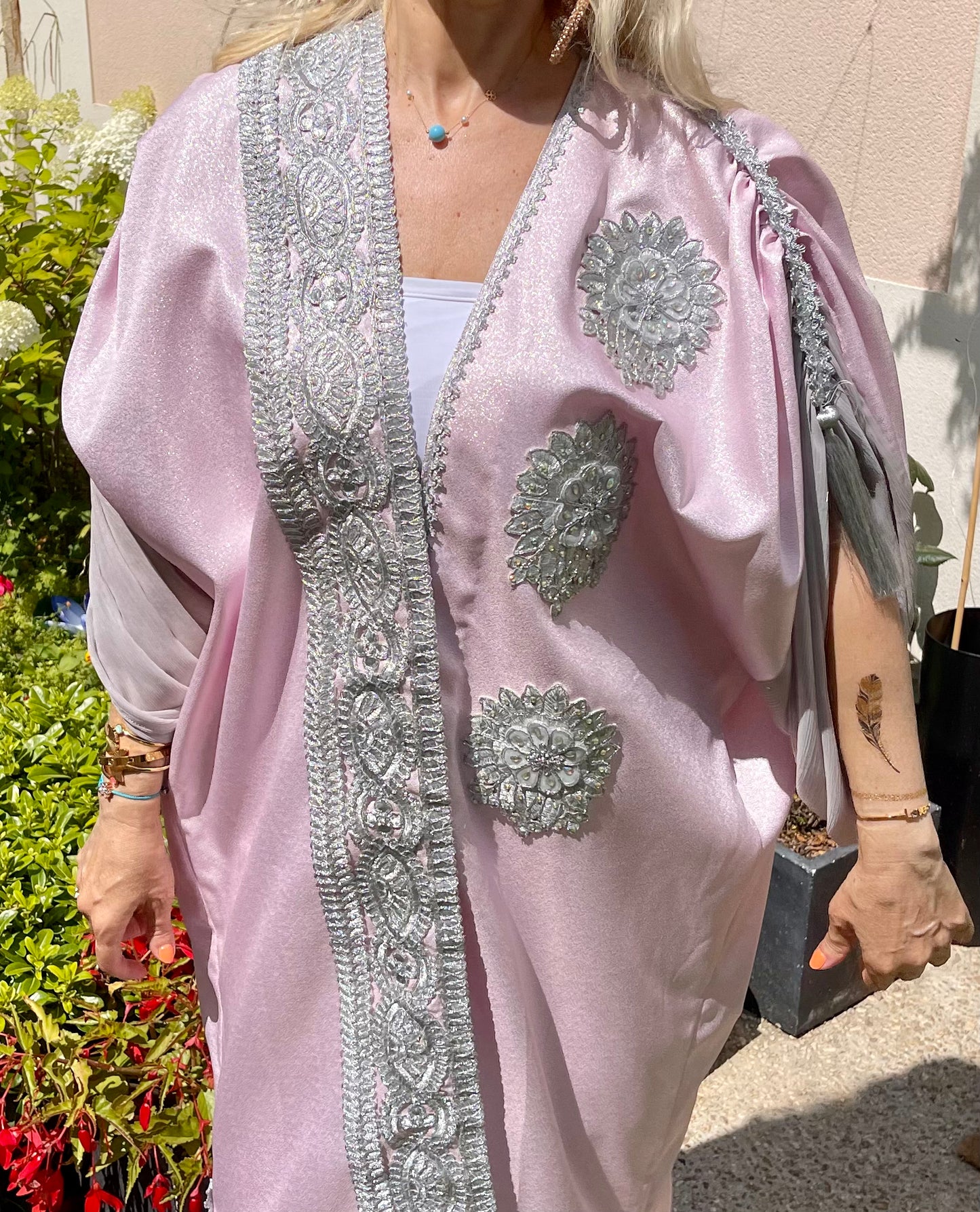 Pink & Silver Embroidered Handmade Abaya