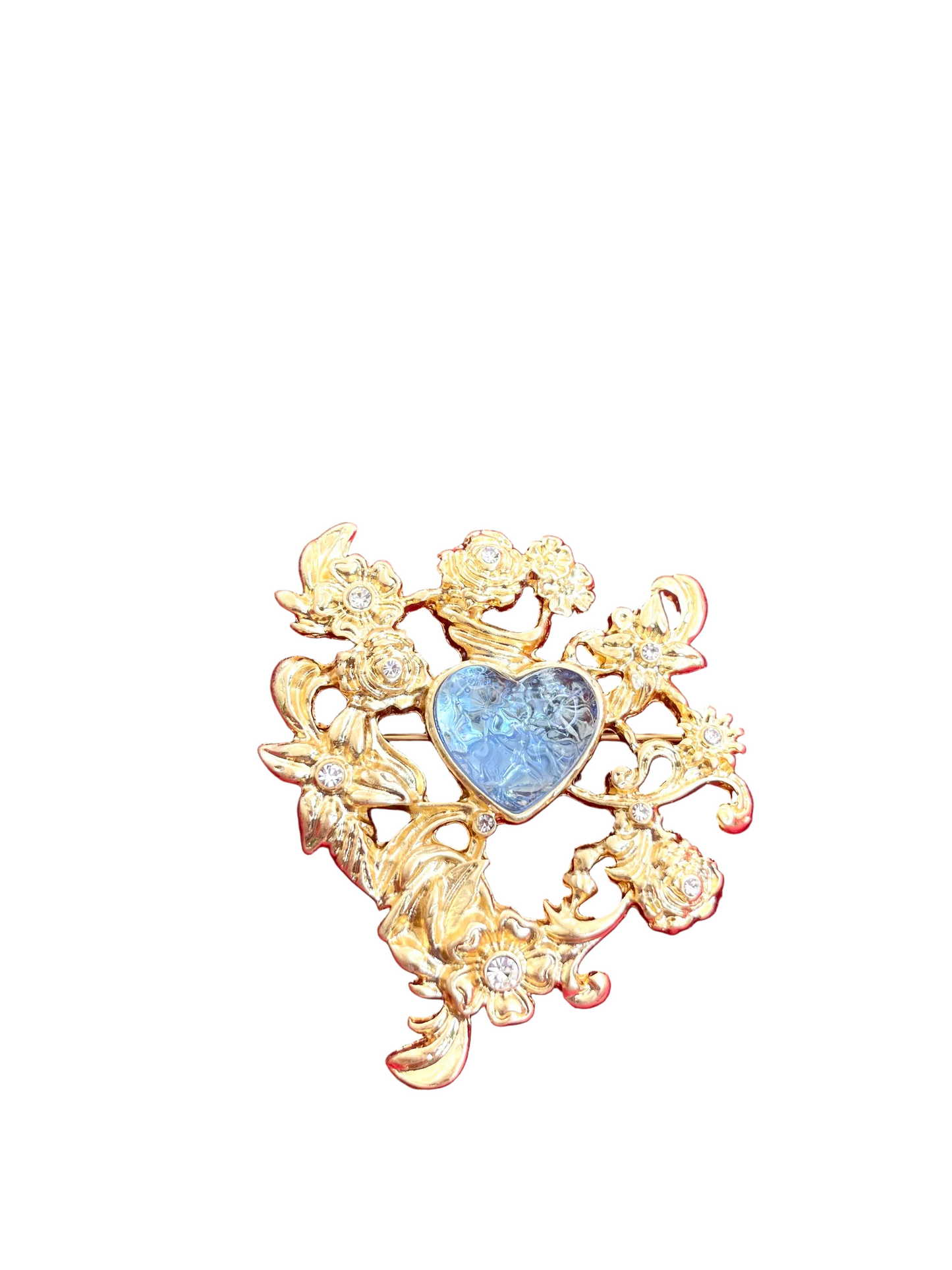 Broche de color de metal dorado Art Nouveau con corazón azul