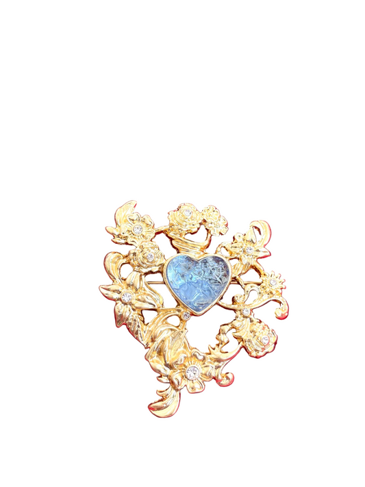 Blue Heart Art Nouveau Gold Metal Color Brooch
