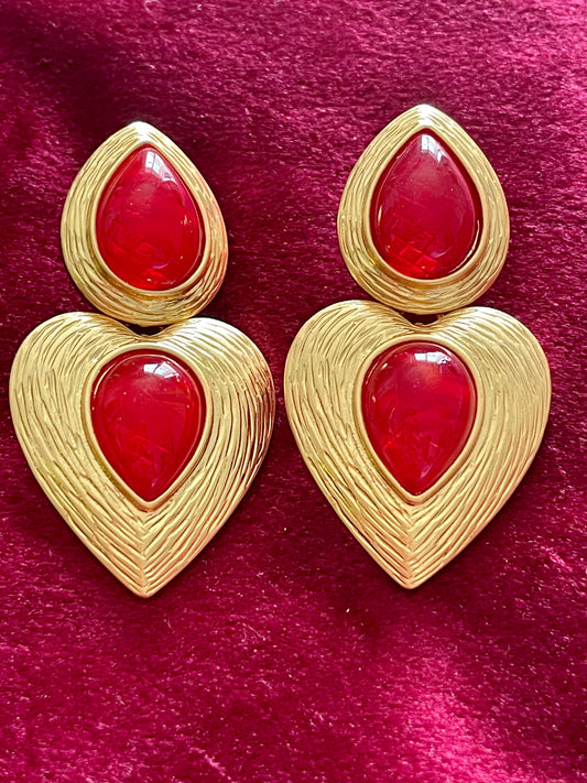 Boucles d'oreilles design vintage en forme de larme dorée et rouge