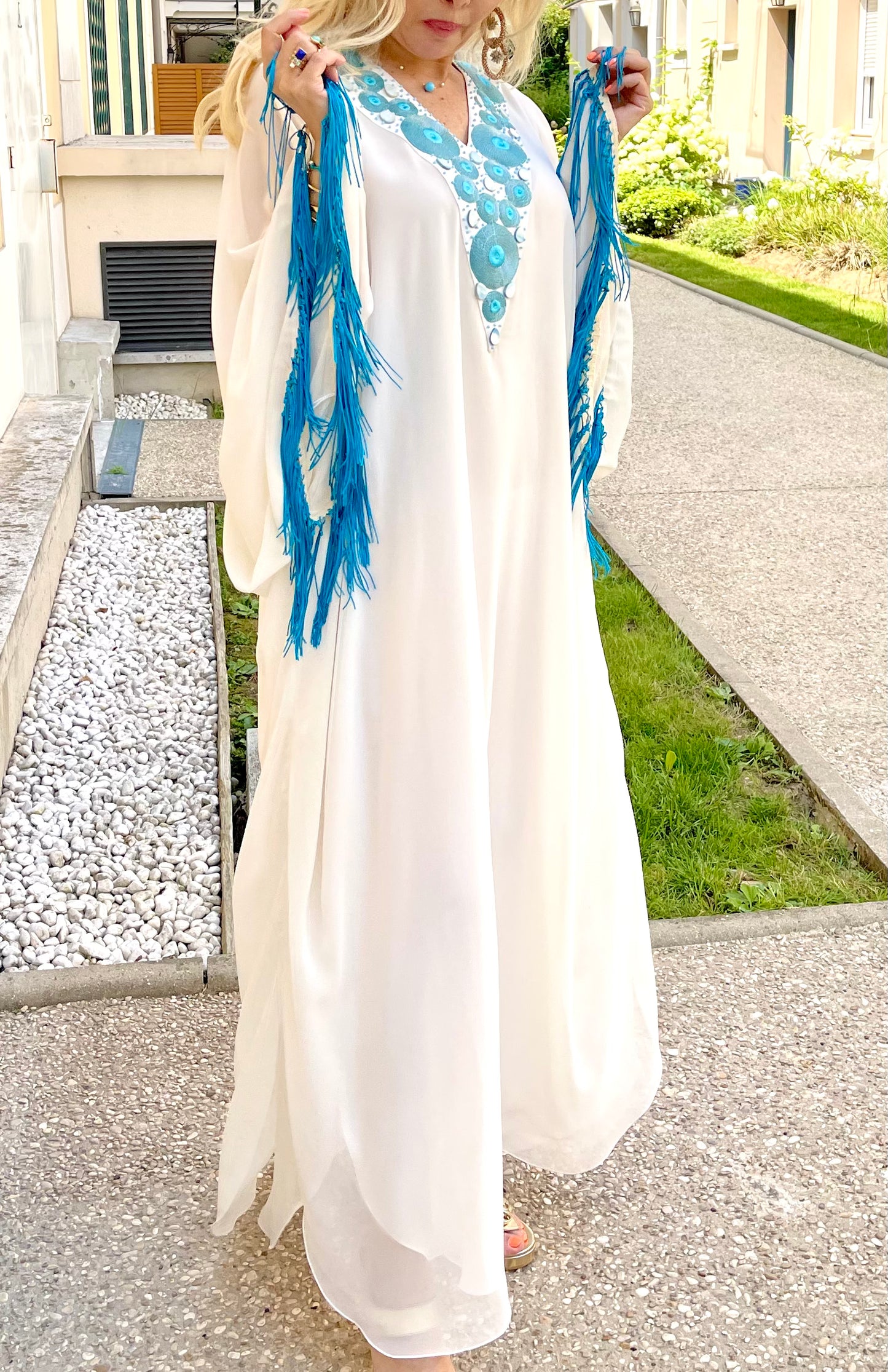 Handmade White & Blue Chiffon Abaya Dress