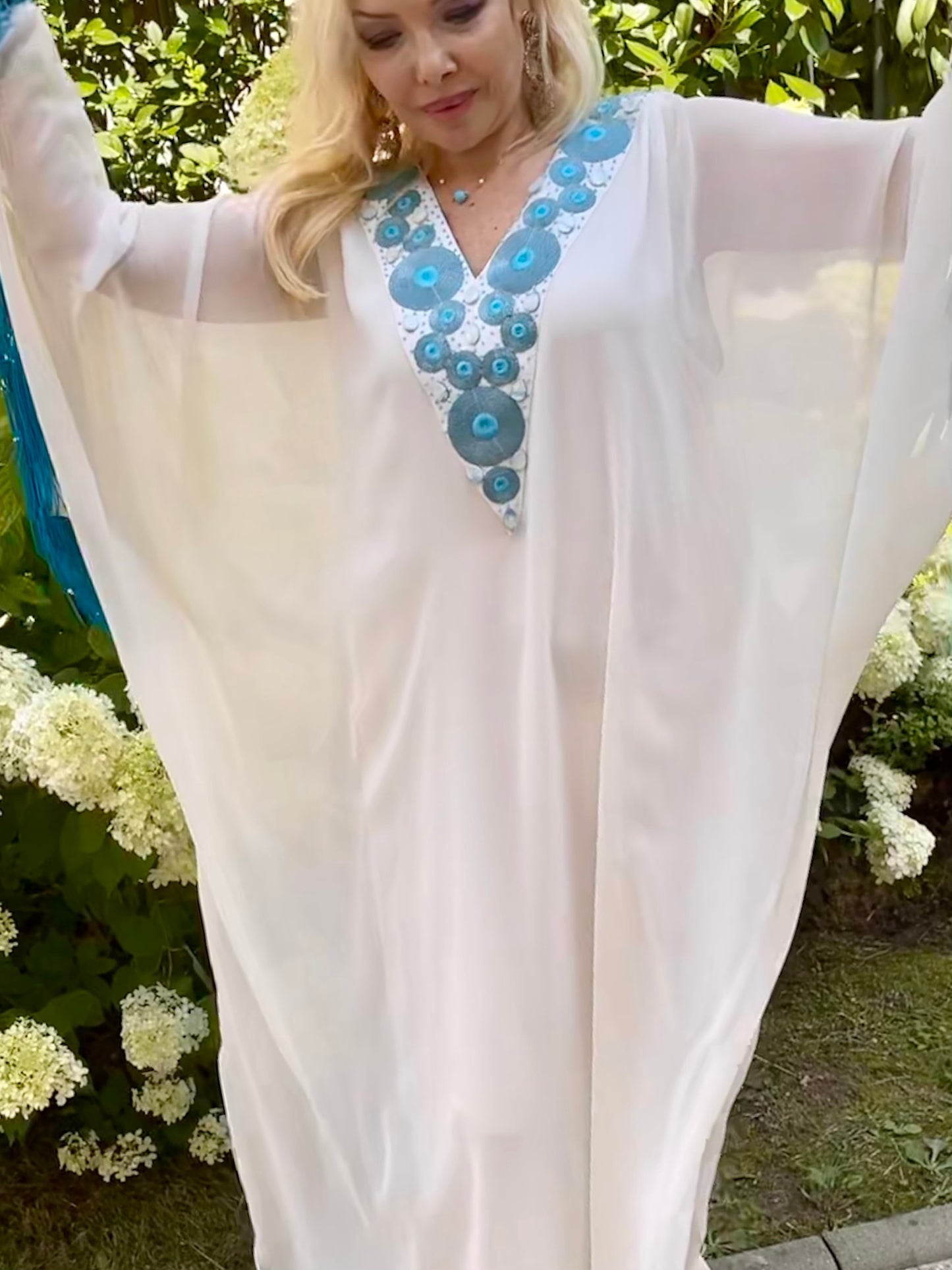 Handmade White & Blue Chiffon Abaya Dress