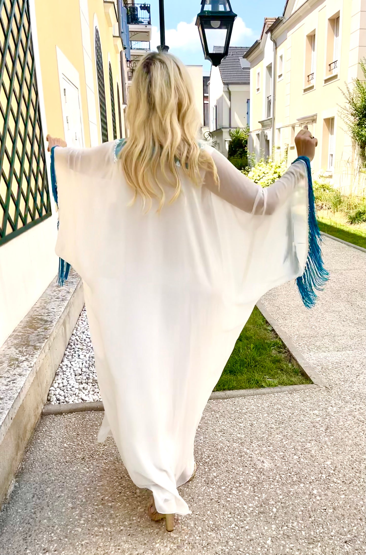 Handmade White & Blue Chiffon Abaya Dress