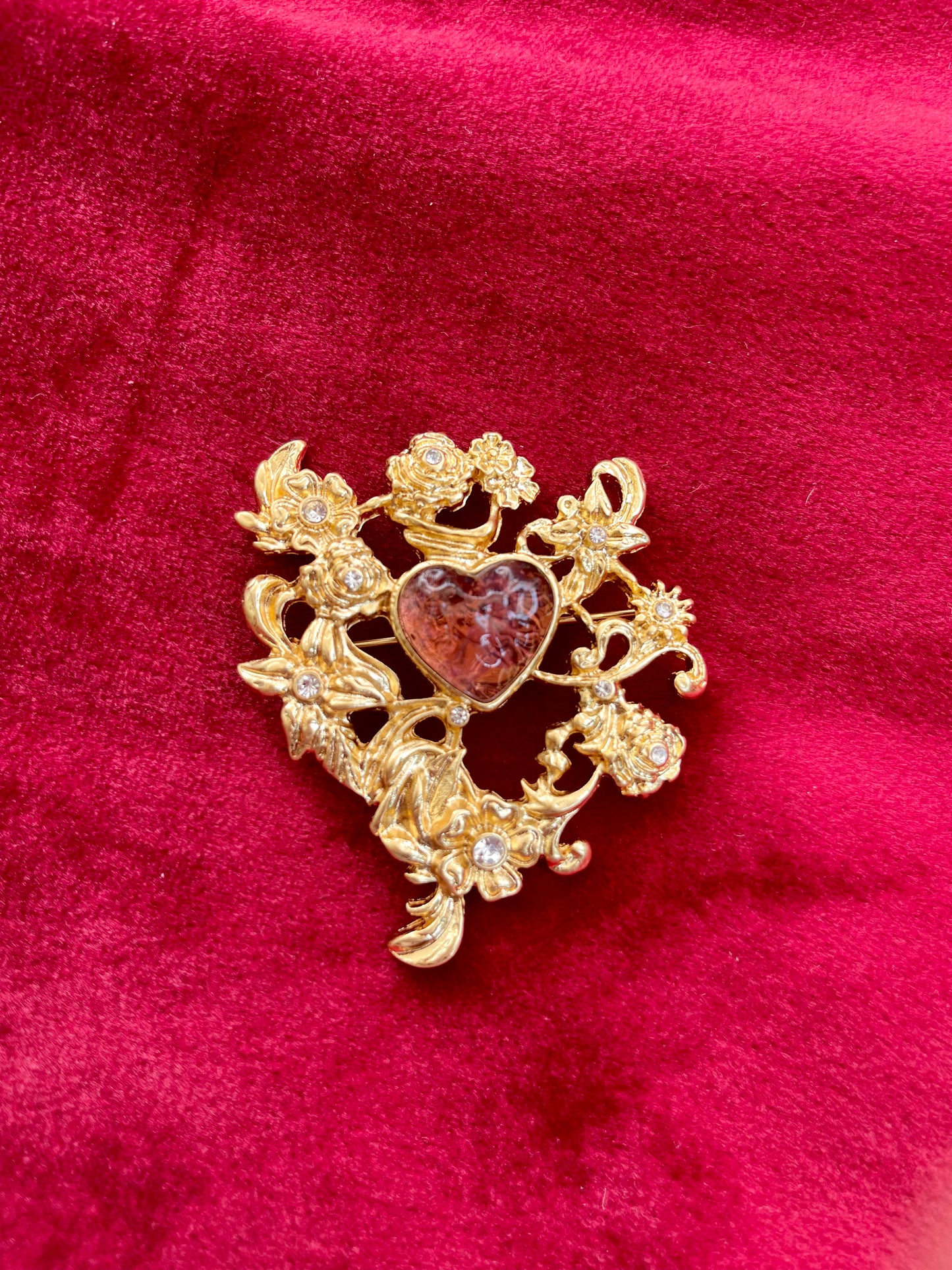 Art Nouveau Metal Heart  Purple Brown Color Brooch