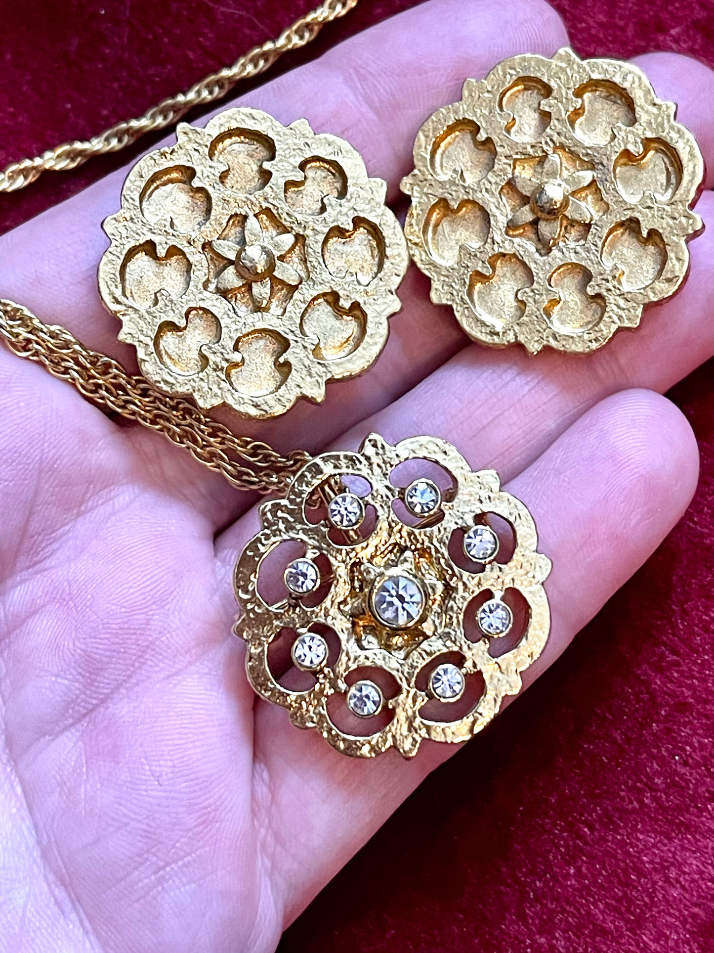 Pendientes Y Collar De Flores De Oro Coordinados. Yves Saint Laurent Vintage Auténtico Conjunto Raro